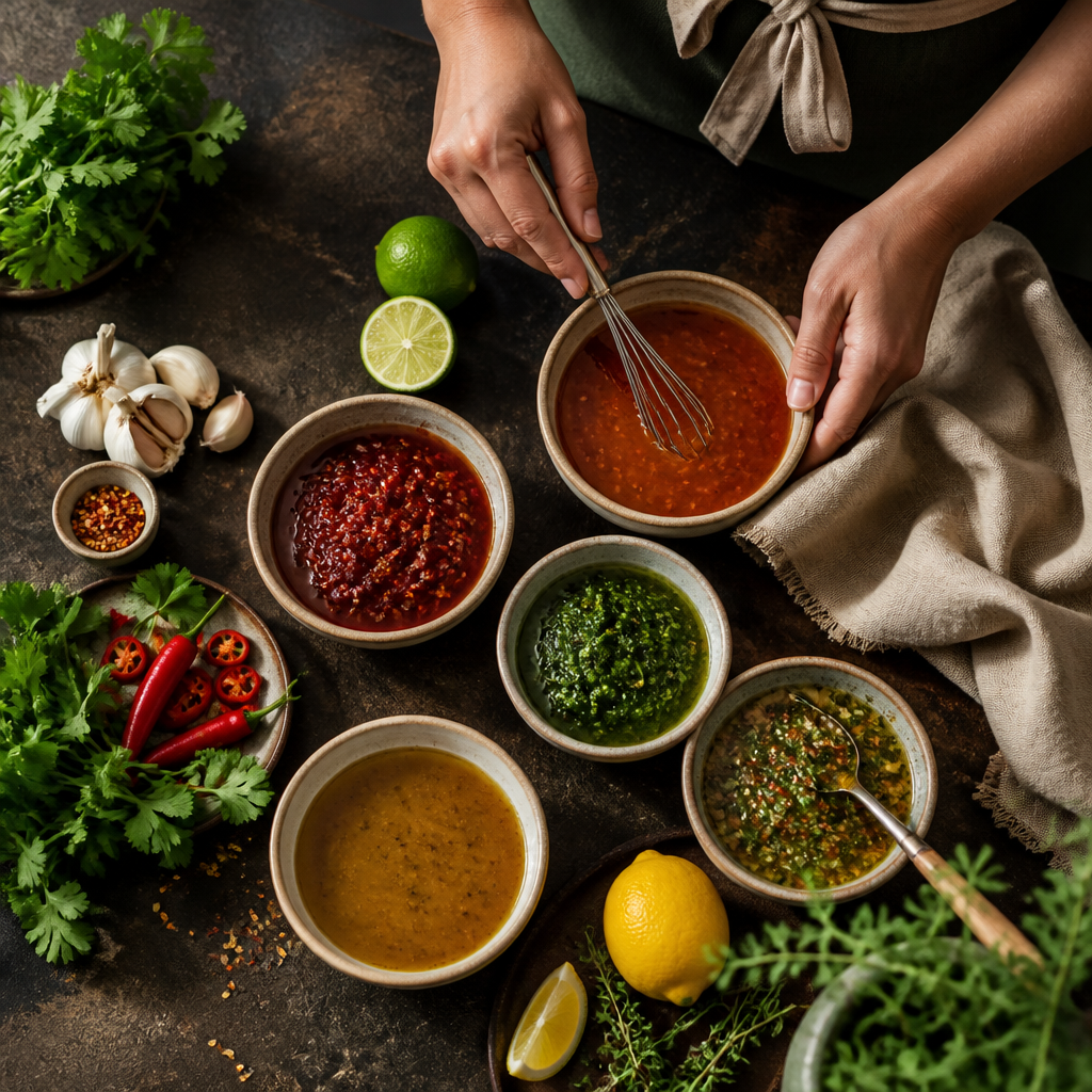 Hands preparing colourful homemade sauces, herbs and spices on a rustic kitchen counter