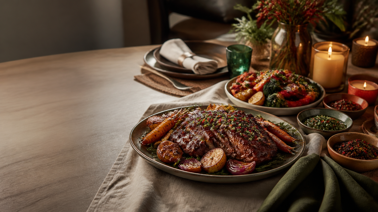 Inviting shared dinner table with colourful seasonal dishes
